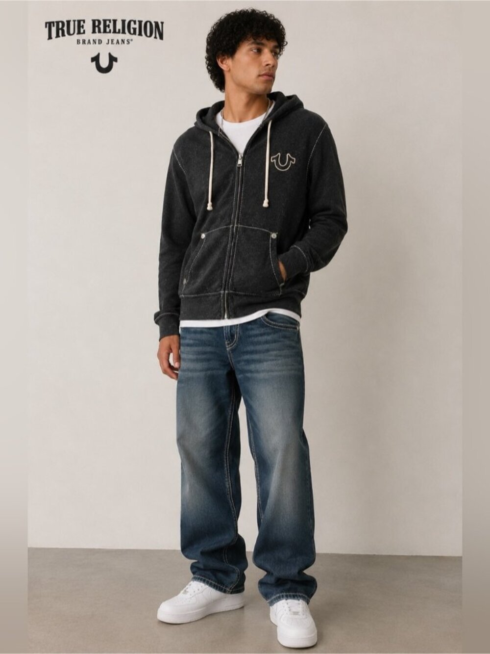 True Religion Zip-Up Hoodie Charcoal Gray Contrast Stitch Logo Size Large